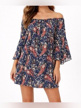 Off-Shoulder Paisley Bell Sheeve Tunic in Navy and Red